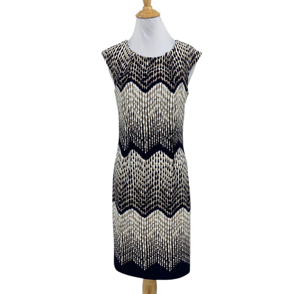 I LE New York Dress Womens 6 Navy Taupe Chevron Print Sheath Sleeveless *READ